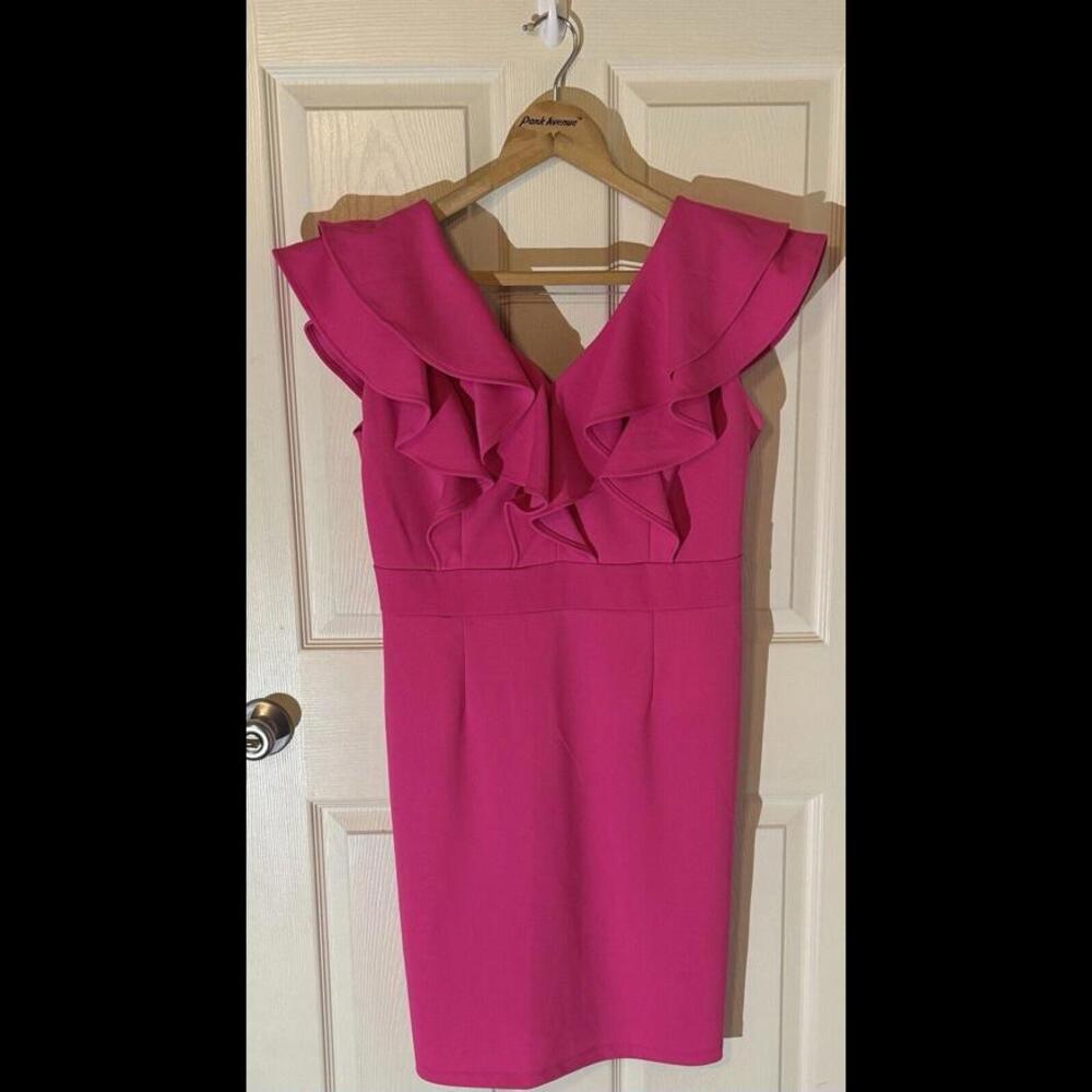 ILE New York Hot Pink Ruffle V Neck Mini Dress Size 10 Cocktail Party Going Out